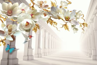 Фотообои ФабрикаФресок 3D Абстракция. Золотые Цветы. Бабочки и Колонны 1024270 (400x270)