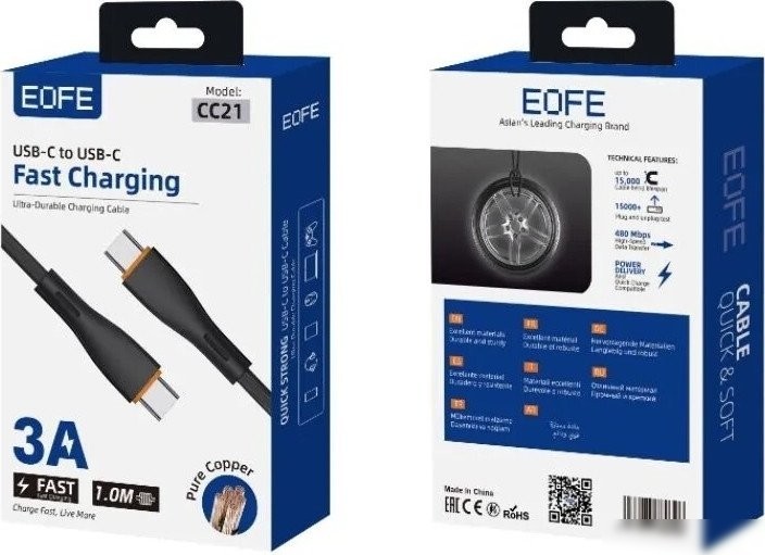 Кабель EOFE CC21 USB Type-C - USB Type-C (1 м, черный)