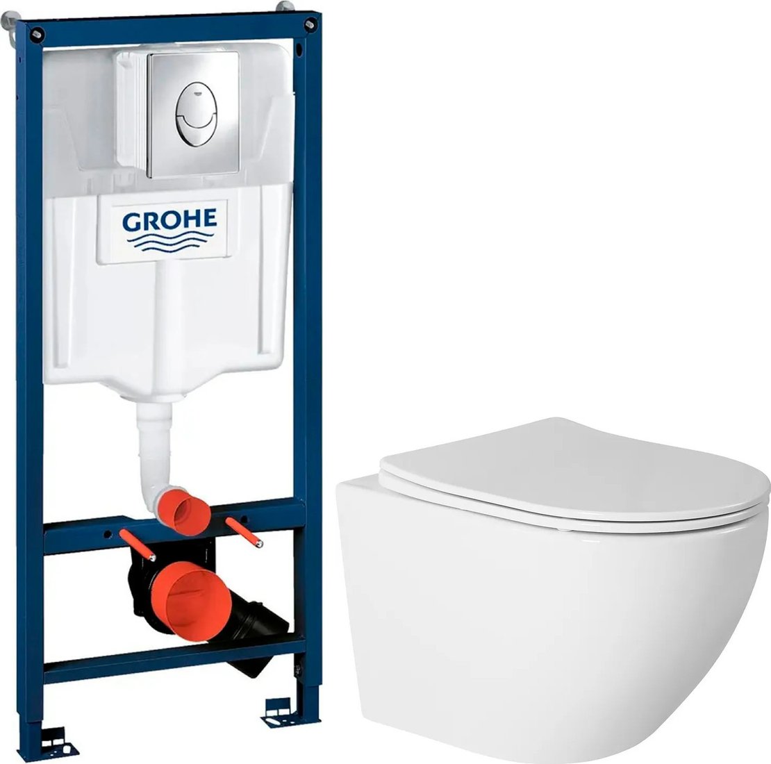 Унитаз подвесной Saniteco Torando T-203W + GROHE Rapid SL 38721001 (с кнопкой хром глянец)