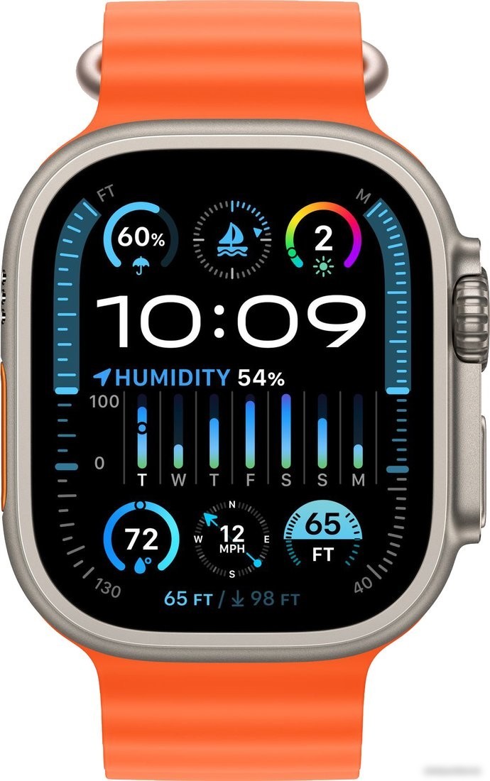 Умные часы Apple Watch Ultra 2 LTE 49 мм (титановый корпус, титановый/оранжевый, ремешок из эластомера)
