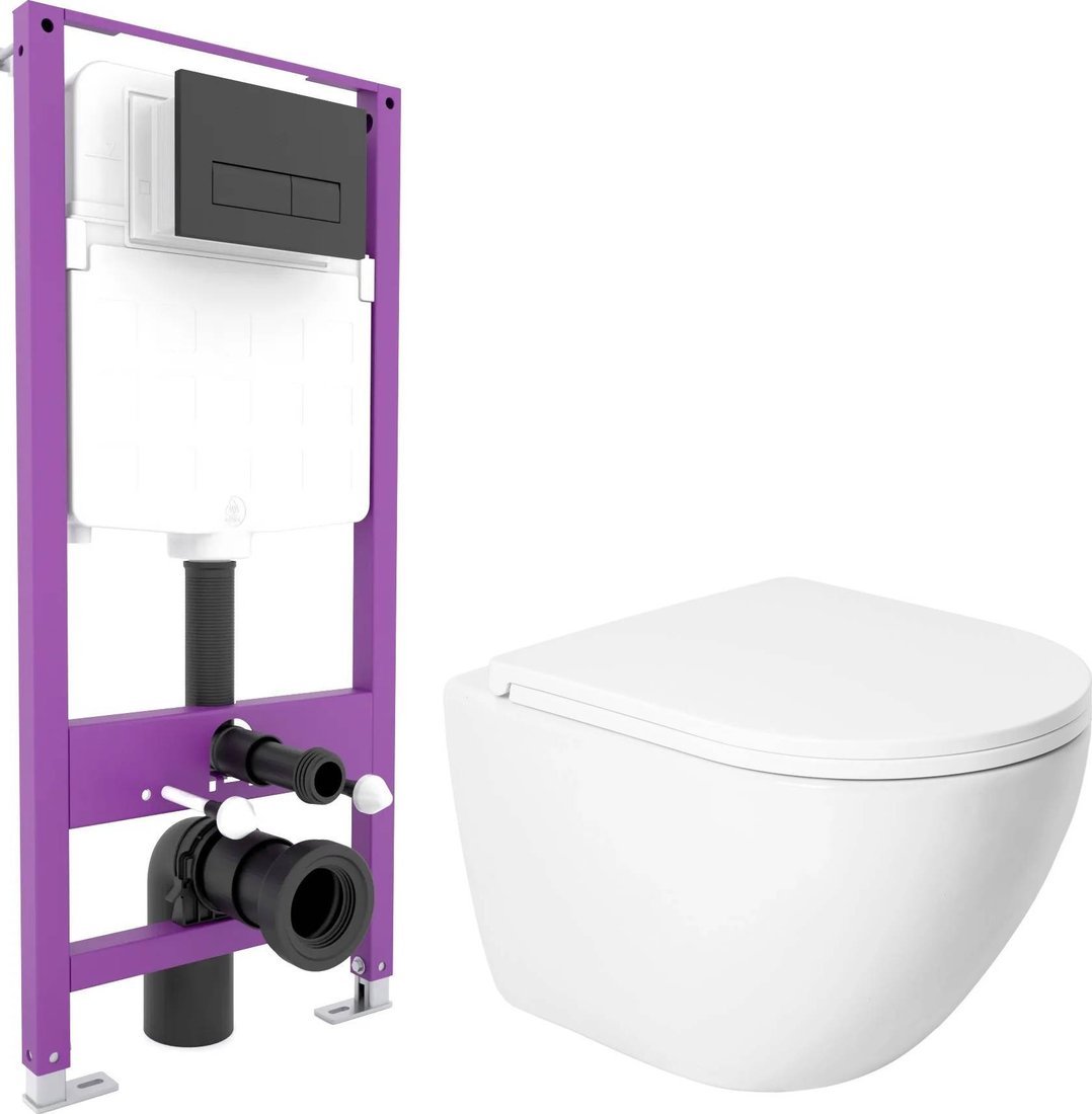 Унитаз подвесной Saniteco KW-9003W Single (безободковый) + Triton Pro EVO815N (с кнопкой черный, матовый)