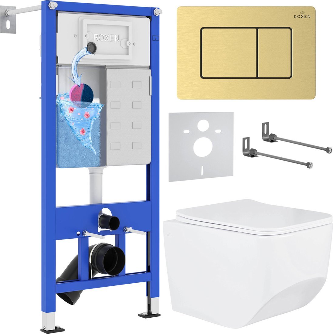 Унитаз подвесной Roxen Boro в комплекте с инсталляцией StounFix Dual Fresh 6 в 1 968466 (кнопка: брашированное золото)