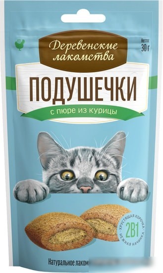 Лакомство для кошек Деревенские лакомства Подушечки с пюре из курицы 30 г Лакомство для кошек Деревенские лакомства Подушечки с пюре из курицы 30 г