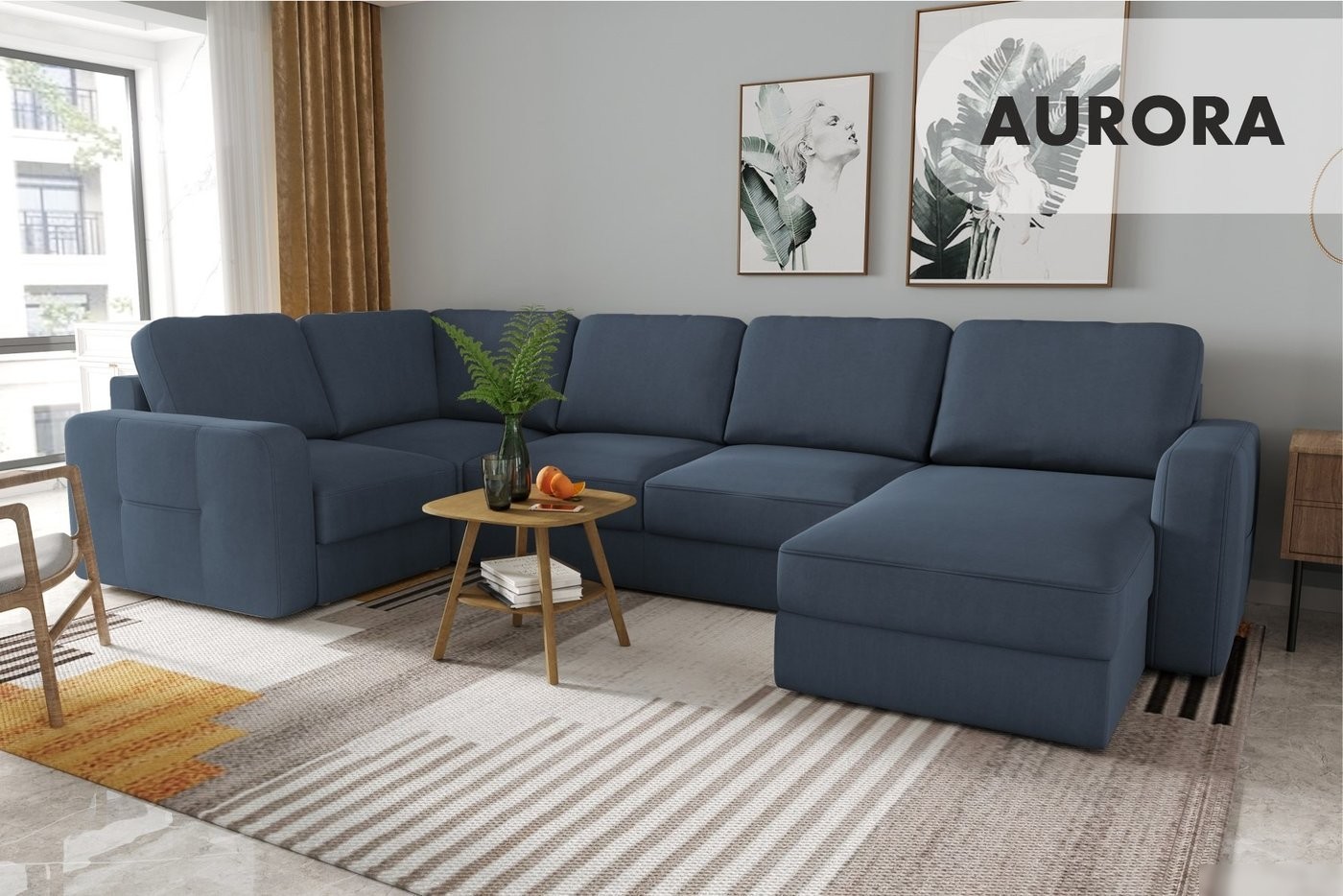 П-образный диван Mio Tesoro Aurora компл.3 правый (Velutto 48 синий)