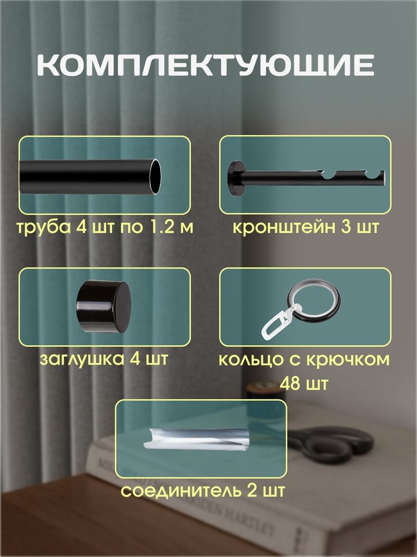 Карниз для штор Sundays Home Модерн 19мм+19мм двухрядный (составной, черный матовый, 2.4м)