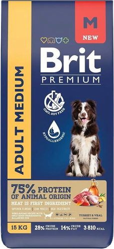 Сухой корм для собак Brit Premium Adult Medium с индейкой и телятиной 15 кг