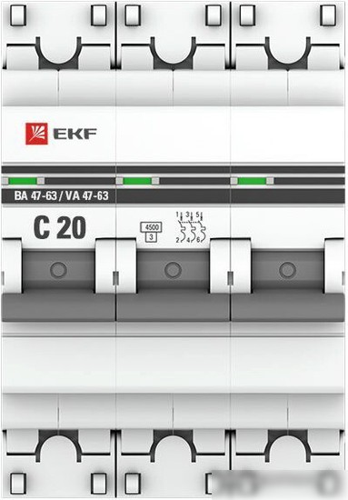 Выключатель автоматический EKF ВА 47-63 3P 20А (C) 4.5kA PROxima mcb4763-3-20C-pro