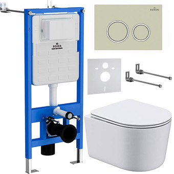 Унитаз подвесной Roxen Simple Compact в комплекте с инсталляцией StounFix Slim 6 в 1 966278 (кнопка: бежевый)