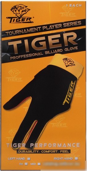 Перчатки для бильярда Tiger Professional Billiard Glove 10694 (1 шт, р. L, черный/желтый)