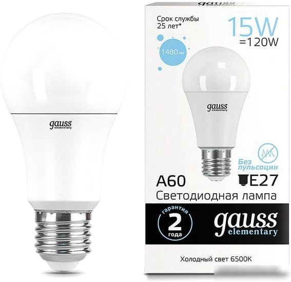 Светодиодная лампа Gauss LED Elementary A60 15W E27 6500K 23235