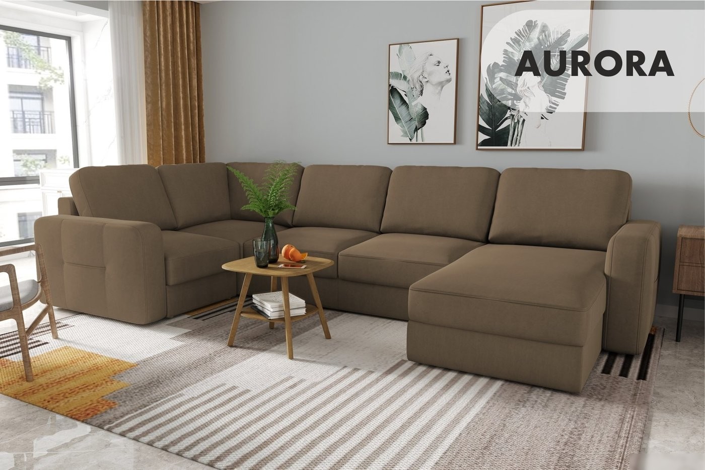 П-образный диван Mio Tesoro Aurora компл.3 правый (Velutto 03 коричневый)