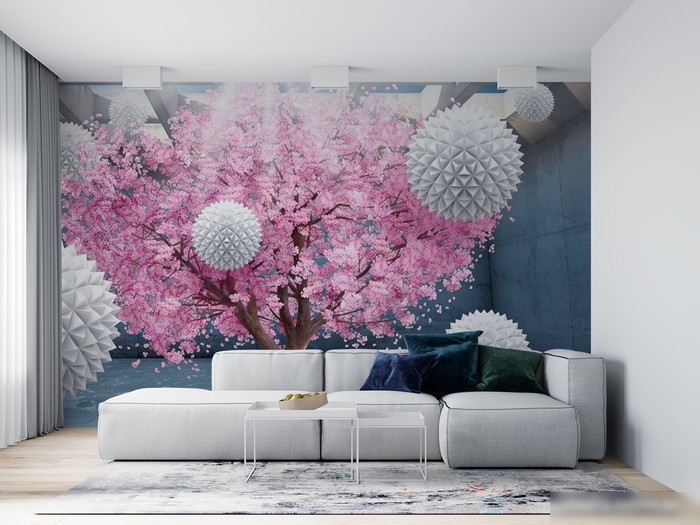 Фотообои ФабрикаФресок 3D Шары на фоне сакуры 834270 (400x270)