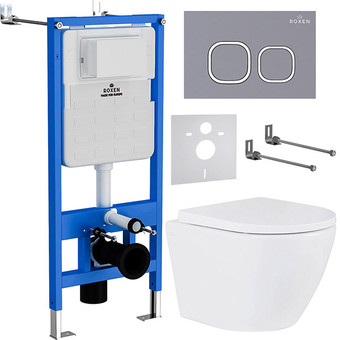 Унитаз подвесной Roxen Antares 530185-02 в комплекте с инсталляцией StounFix Slim 6 в 1 966352 (кнопка: серый бетон)