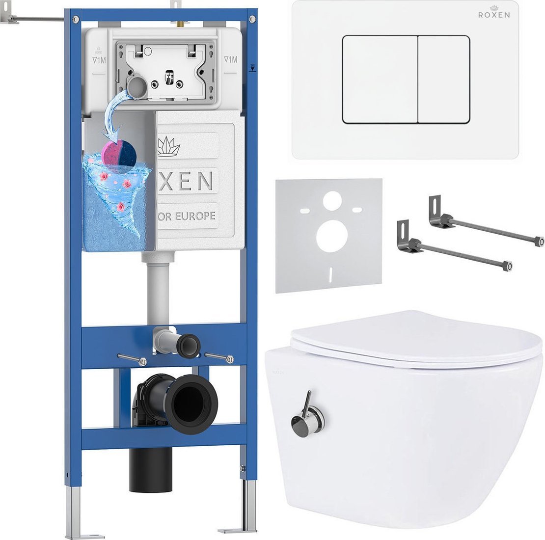 Унитаз подвесной Roxen Antares Bidet в комплекте с инсталляцией StounFix Dual Fresh 6 в 1 868648 (кнопка: брашированное золото матовая)
