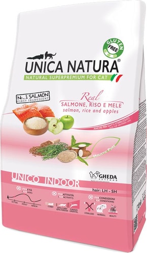 Сухой корм для кошек Unica Natura Unico Indoor с лососем, рисом и яблоком 350 г
