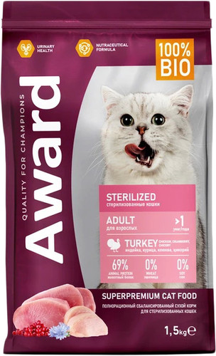 Сухой корм для кошек Award Adult Sterilized (для стерилизованных с индейкой и курицей с добавлением клюквы и цикория) 1.5 кг
