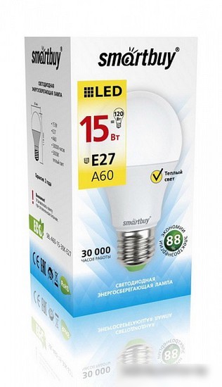 Светодиодная лампа SmartBuy A60 E27 15 Вт 3000 К [SBL-A60-15-30K-E27]