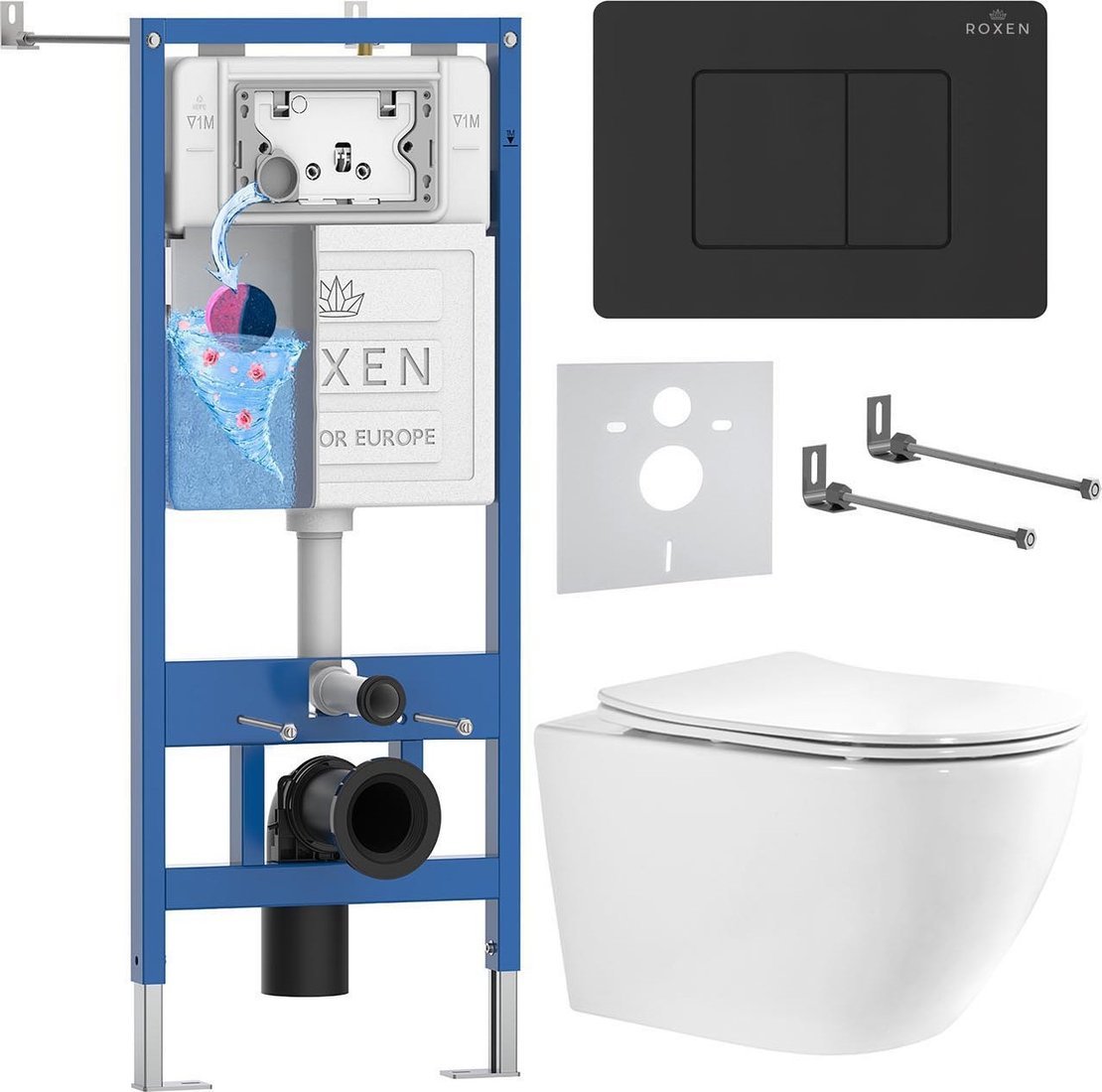 Унитаз подвесной Roxen Antares Tornado Long в комплекте с инсталляцией StounFix Dual Fresh 6 в 1 868452 (кнопка: черный глянцевая)