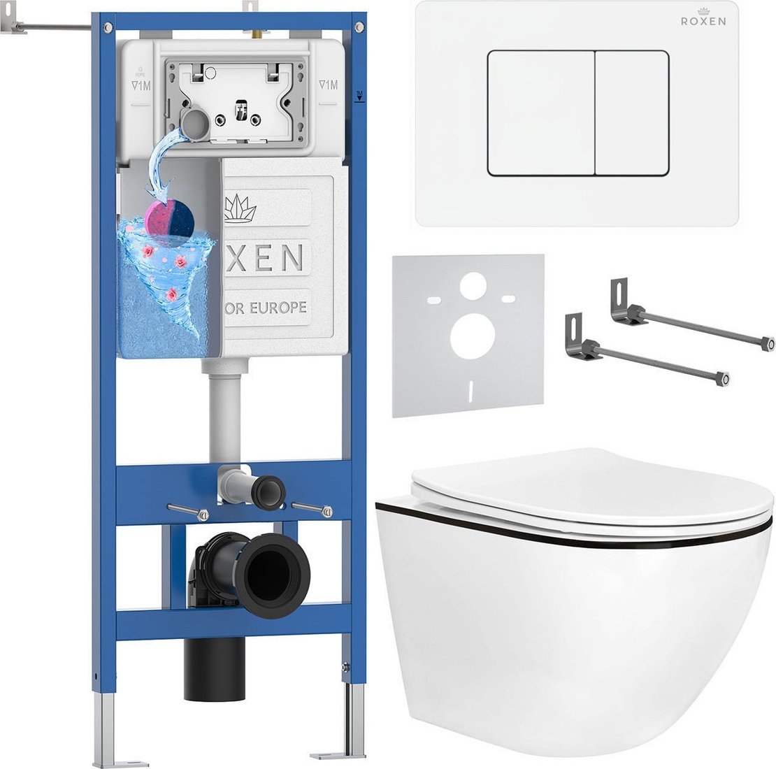 Унитаз подвесной Roxen Antares Black в комплекте с инсталляцией StounFix Dual Fresh 6 в 1 868551 (кнопка: белый глянцевая)