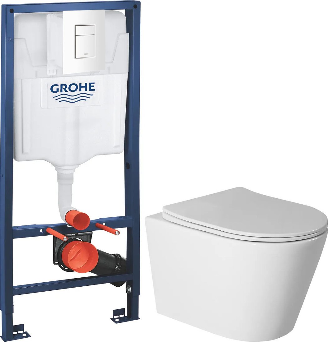 Унитаз подвесной Saniteco Rimless R-201W + GROHE Rapid SL 38772SH0 (с кнопкой белый глянец)