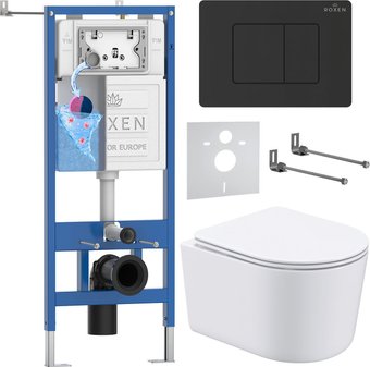 Унитаз подвесной Roxen Simple Compact в комплекте с инсталляцией StounFix Dual Fresh 6 в 1 868597 (кнопка: оружейная сталь матовая)