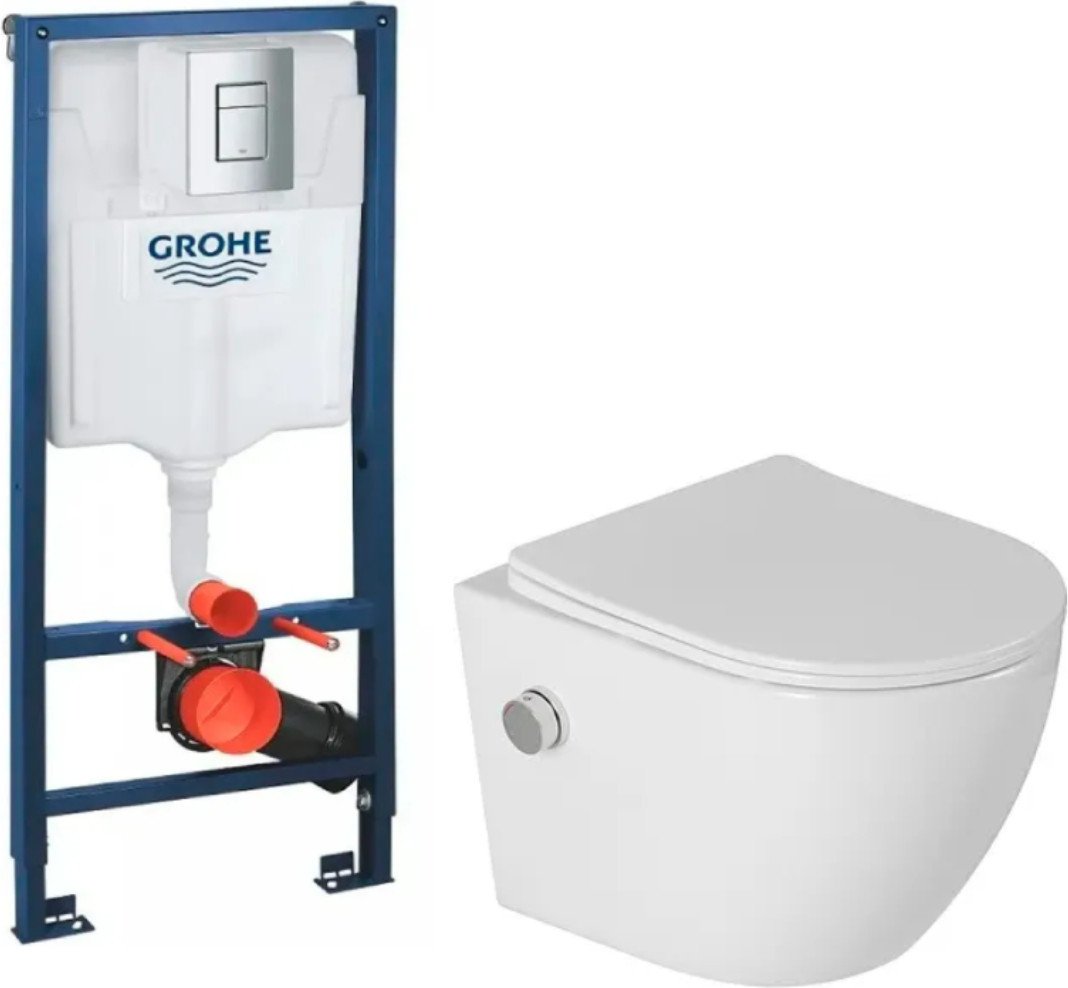 Унитаз подвесной Saniteco Rimless RT-203-B1 + GROHE Rapid SL 38772001 (c функцией биде/кнопка хром)