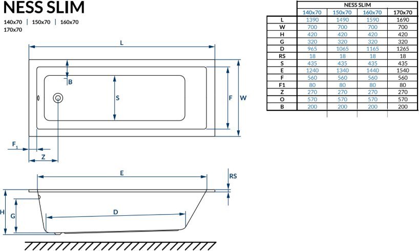 Ванна Excellent Ness Mono Slim 150x70