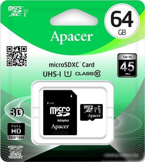 Карта памяти Apacer microSDXC (Class 10) 64GB + адаптер [AP64GMCSX10U1-R]