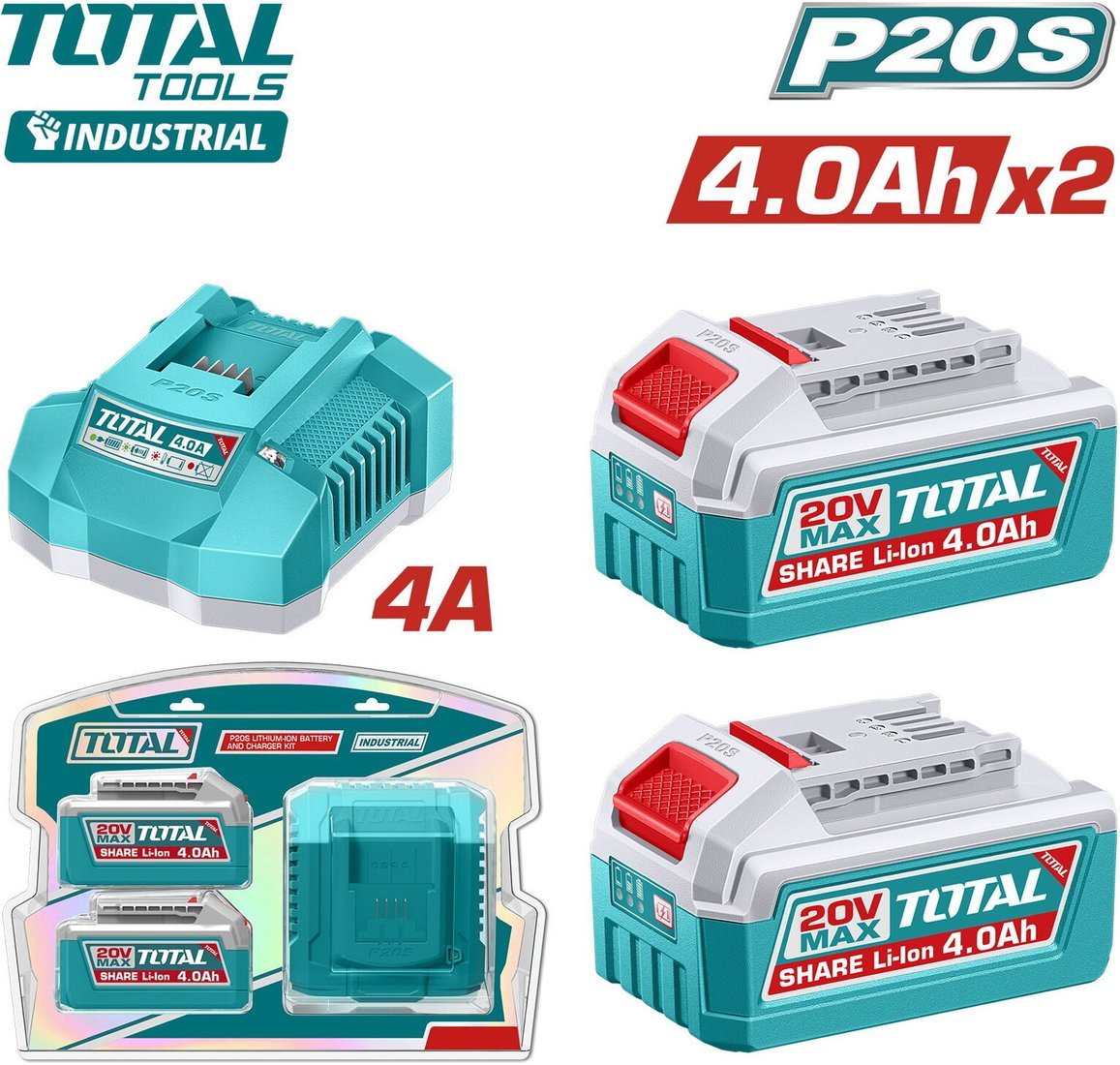 Аккумулятор с зарядным устройством Total TFBCPK2013 (20В/2x4 Ah + 20В)