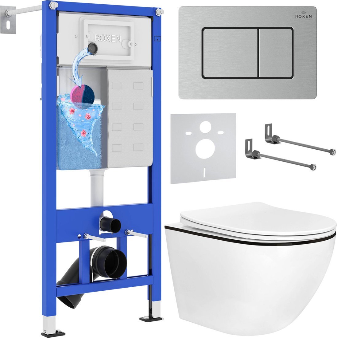 Унитаз подвесной Roxen Antares Black в комплекте с инсталляцией StounFix Dual Fresh 6 в 1 968427 (кнопка: сатин)