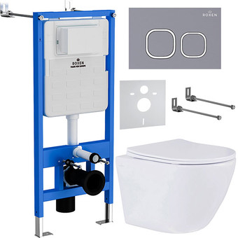 Унитаз подвесной Roxen Antares 530185-01 в комплекте с инсталляцией StounFix Slim 6 в 1 966332 (кнопка: серый бетон)