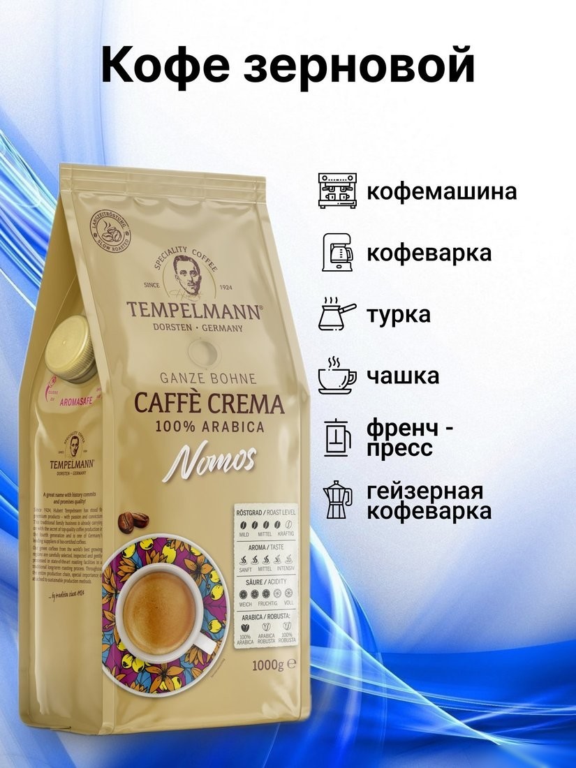 Кофе Tempelmann Nomos Caffe Crema зерновой 1 кг