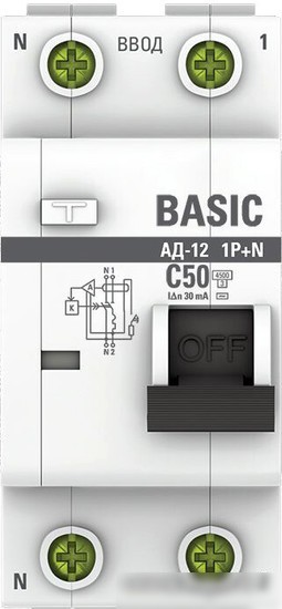Дифференциальный автомат EKF Basic АД-12 1P+N 50А 30мА АС C DA12-50-30-bas