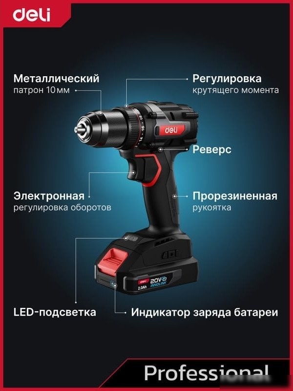 Ударная дрель-шуруповерт Deli DE-CZ20-2D2 (с 2-мя АКБ, сумка)