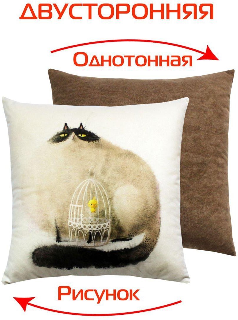 Декоративная подушка Matex Fluffy. Кот и клетка 62-479 (молочный/темно-серый/коричневый)