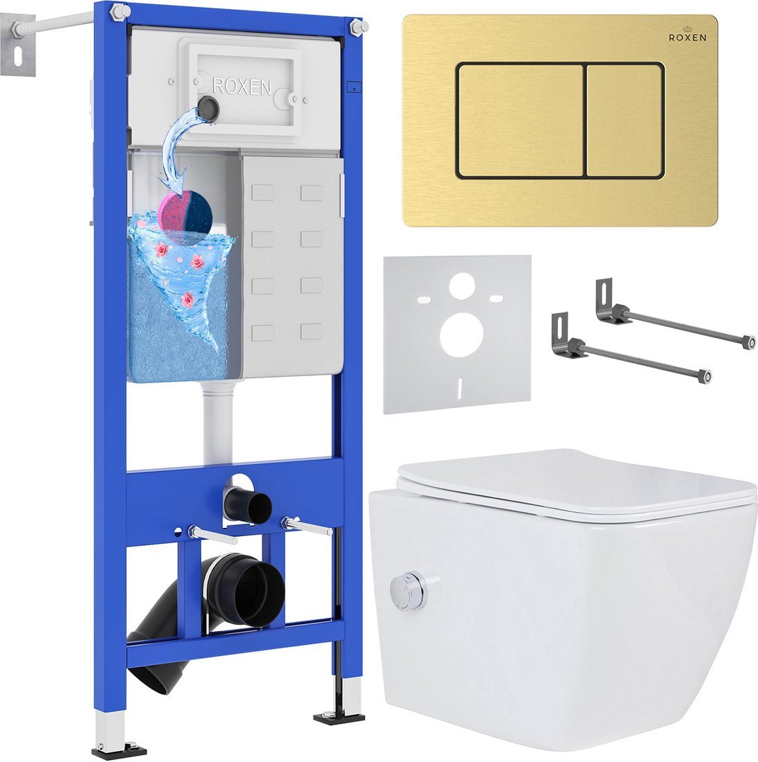Унитаз подвесной Roxen Cube bidet в комплекте с инсталляцией StounFix Dual Fresh 6 в 1 968472 (кнопка: брашированное золото)