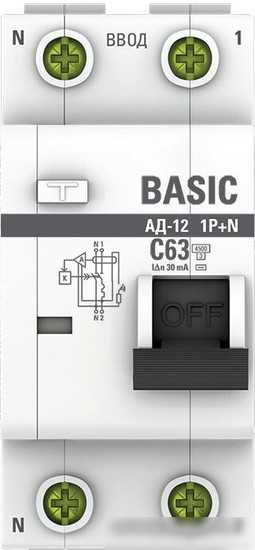 Дифференциальный автомат EKF Basic АД-12 1P+N 63А 30мА АС C DA12-63-30-bas