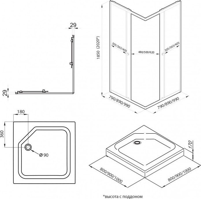 Душевой уголок Maroni Stile Nero-GLS 80x80 Щ0000063959