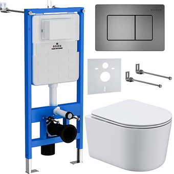 Унитаз подвесной Roxen Simple Compact в комплекте с инсталляцией StounFix Slim 6 в 1 954681 (кнопка: оружейная сталь)