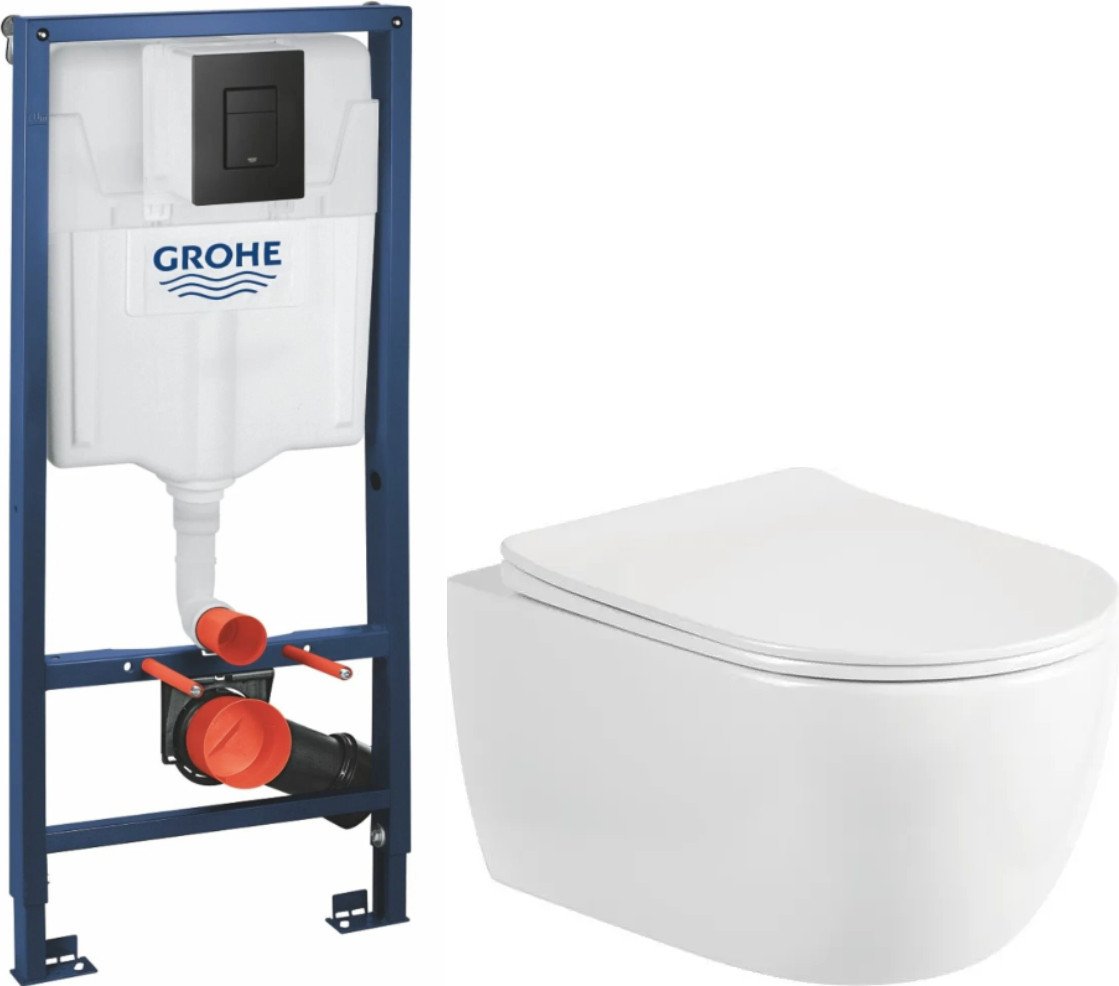 Унитаз подвесной Saniteco Rimless R-209W + GROHE Solido 38811KF0 (с кнопкой черный матовый)