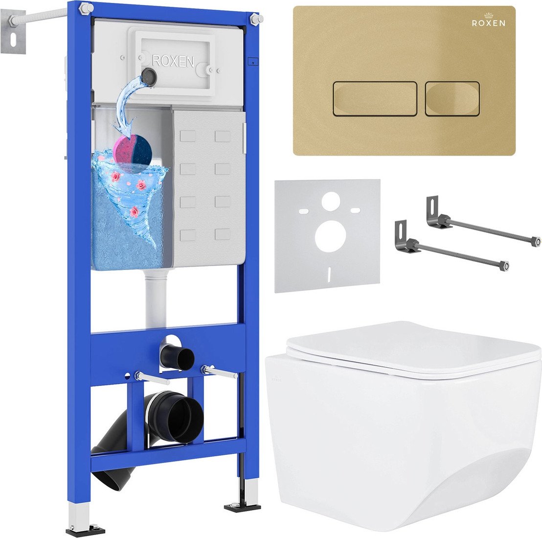 Унитаз подвесной Roxen Boro в комплекте с инсталляцией StounFix Dual Fresh 6 в 1 968081 (кнопка: брашированное золото)