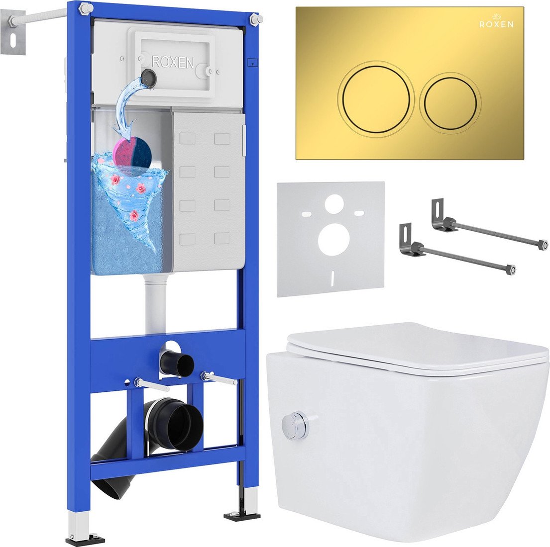 Унитаз подвесной Roxen Cube bidet в комплекте с инсталляцией StounFix Dual Fresh 6 в 1 968094 (кнопка: золото глянцевое )