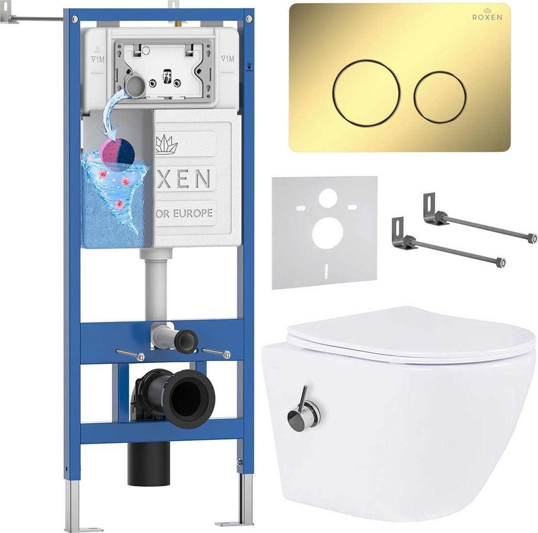 Унитаз подвесной Roxen Antares Bidet в комплекте с инсталляцией StounFix Dual Fresh 6 в 1 868484 (кнопка: золото глянцевая)