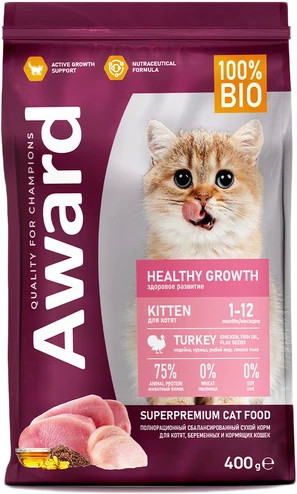 Сухой корм для кошек Award Healthy Growth Kitten (для котят от 1 месяца с индейкой и курицей с добавлением рыбьего жира и семян льна) 400 г