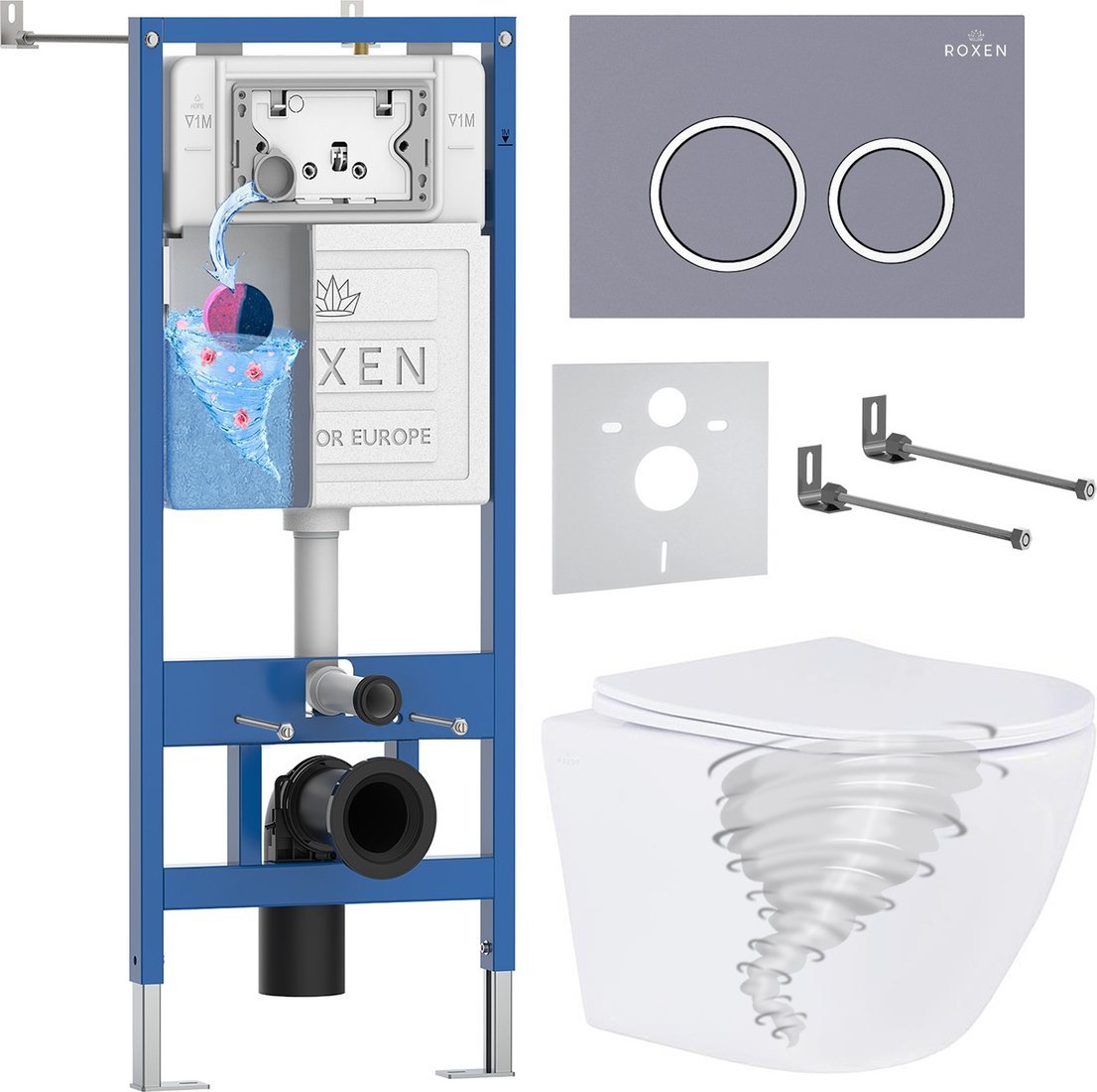 Унитаз подвесной Roxen Antares Tornado Long в комплекте с инсталляцией StounFix Dual Fresh 6 в 1 868430 (кнопка: серый бетон матовая)