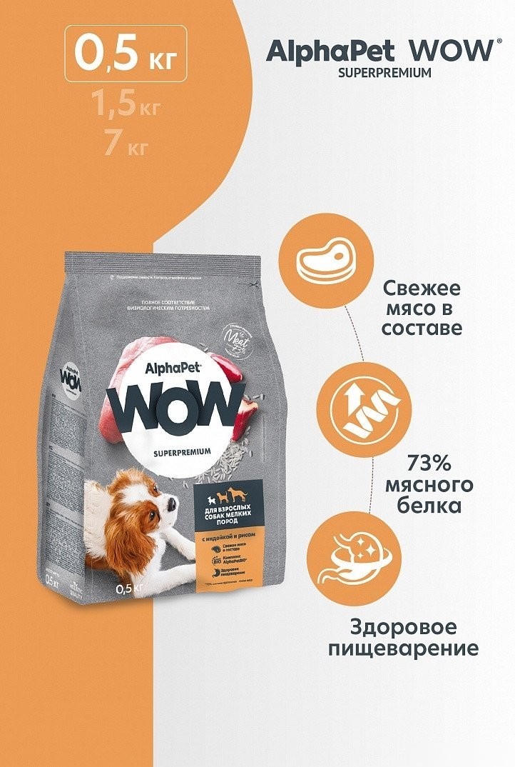 Сухой корм для собак AlphaPet WOW Superpremium с индейкой и рисом для взрослых собак мелких пород 120100 500 г