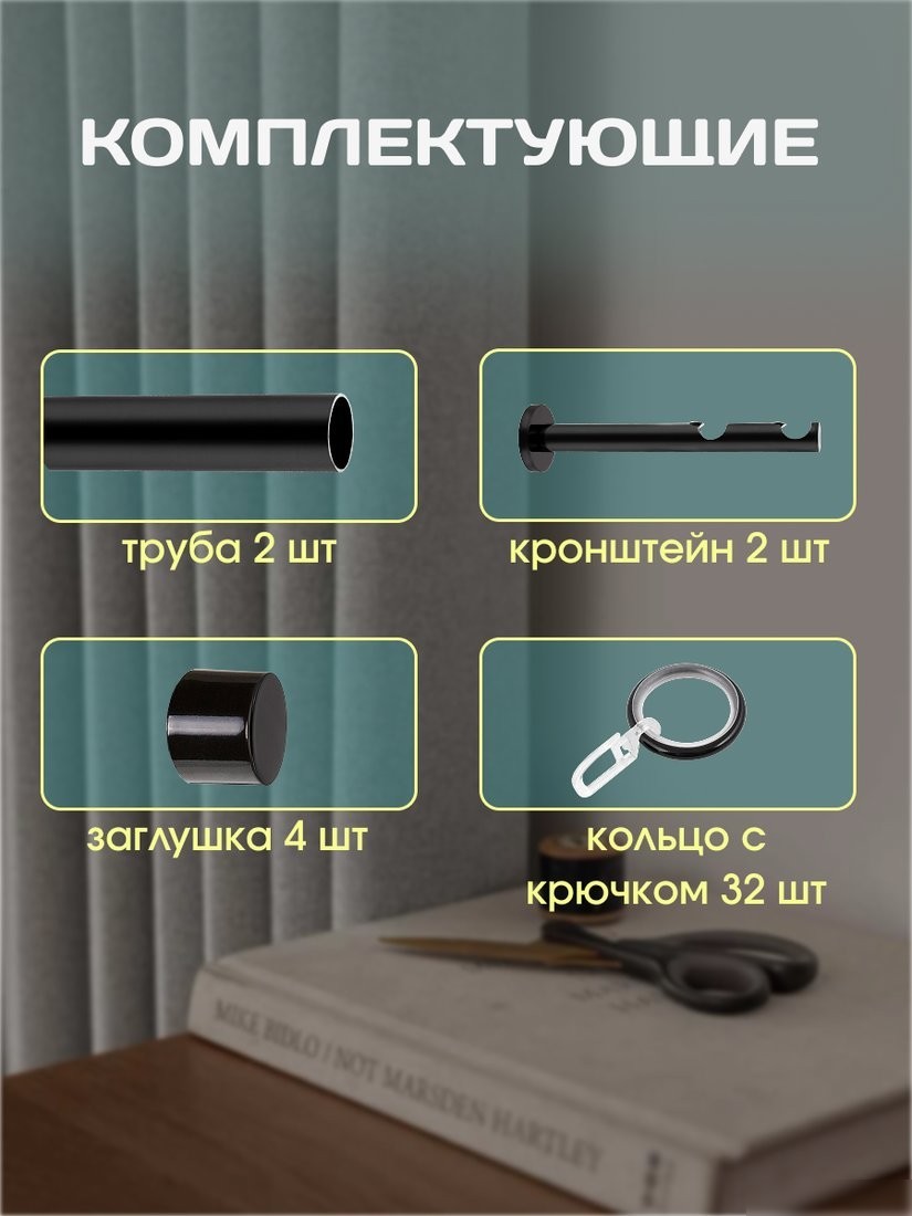 Карниз для штор Sundays Home Модерн 19мм+19мм двухрядный (цельный, черный матовый, 1.6м)