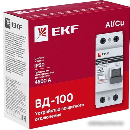 Устройство защитного отключения EKF PROxima ВД-100 2P 63А 30мА elcb-2-63-30-em-pro
