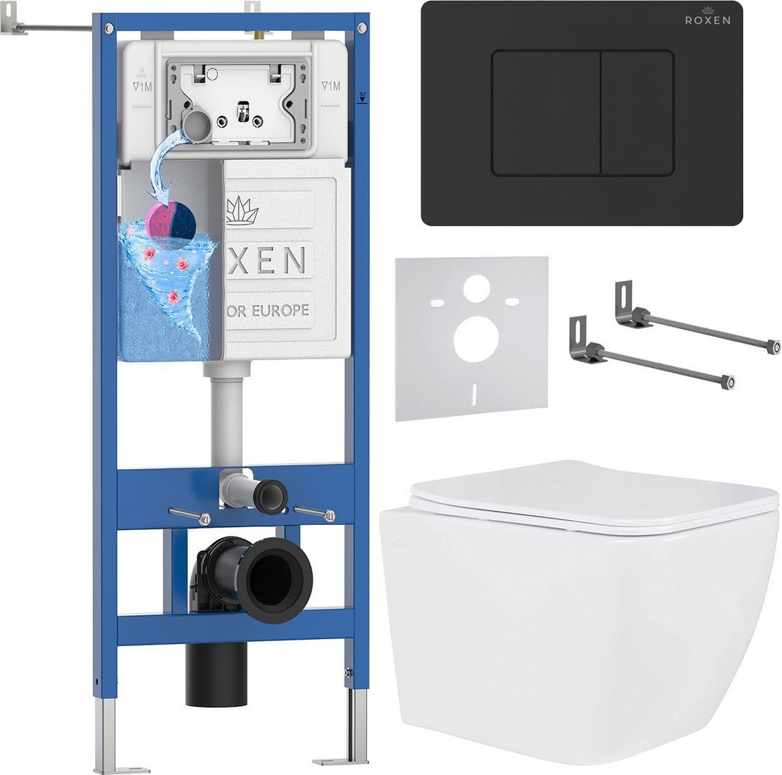 Унитаз подвесной Roxen Cube Tornado в комплекте с инсталляцией StounFix Dual Fresh 6 в 1 868598 (кнопка: оружейная сталь матовая)