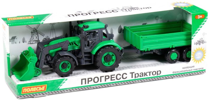 Трактор Полесье Прогресс с бортовым прицепом и ковшом 91826 (зелёный)